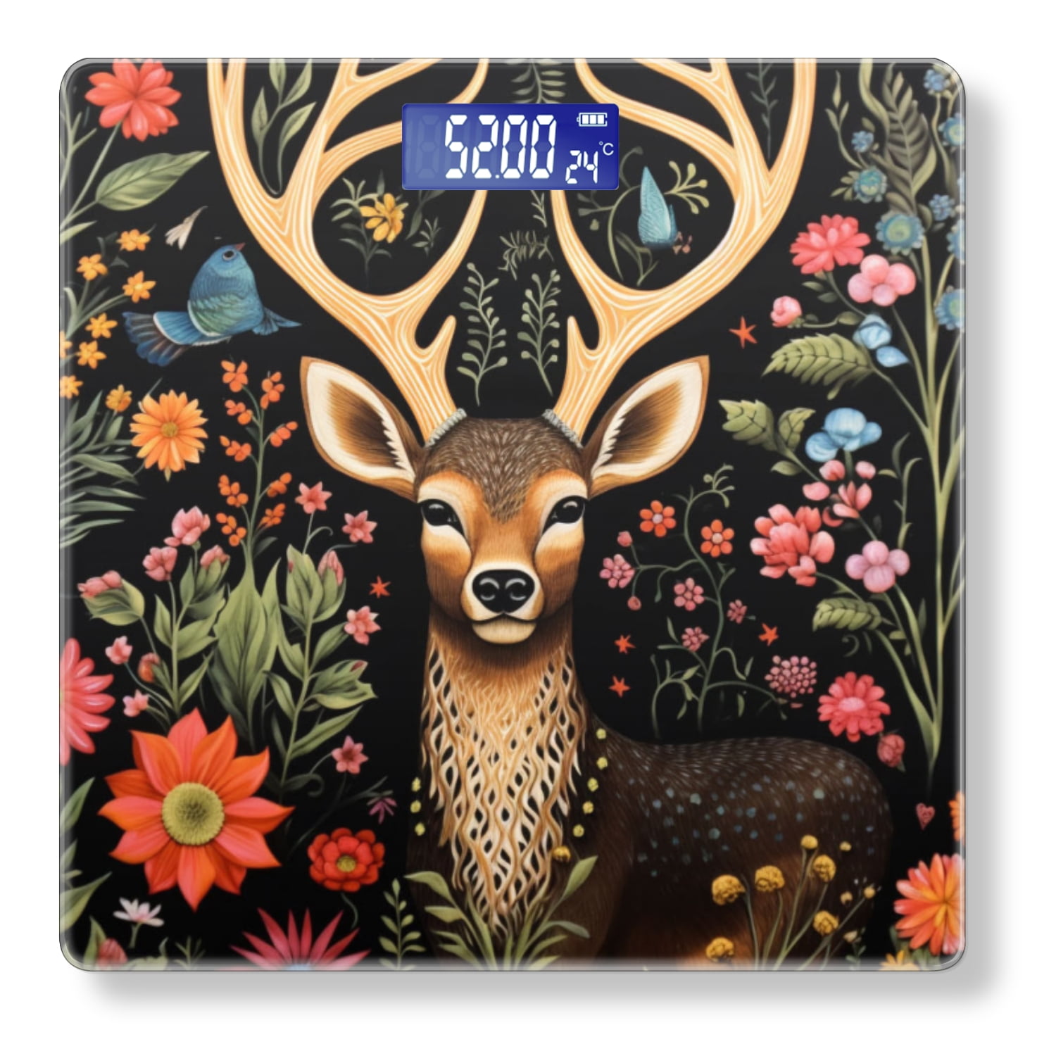 Bathroom Scale, Highly Accurate Digital Body Scale,Precisely Measures Weight up to 400 lbs-Beautiful Deer With Large Antlers Surrounded By Flowers And Birds