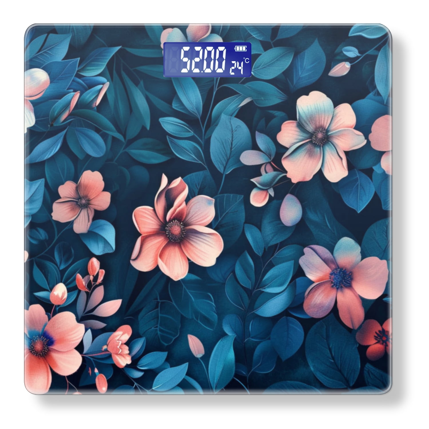 Bathroom Scale, Highly Accurate Digital Body Scale,Precisely Measures Weight up to 400 lbs-Beautiful Floral Pattern With Flowers And Leaves On Blue Background