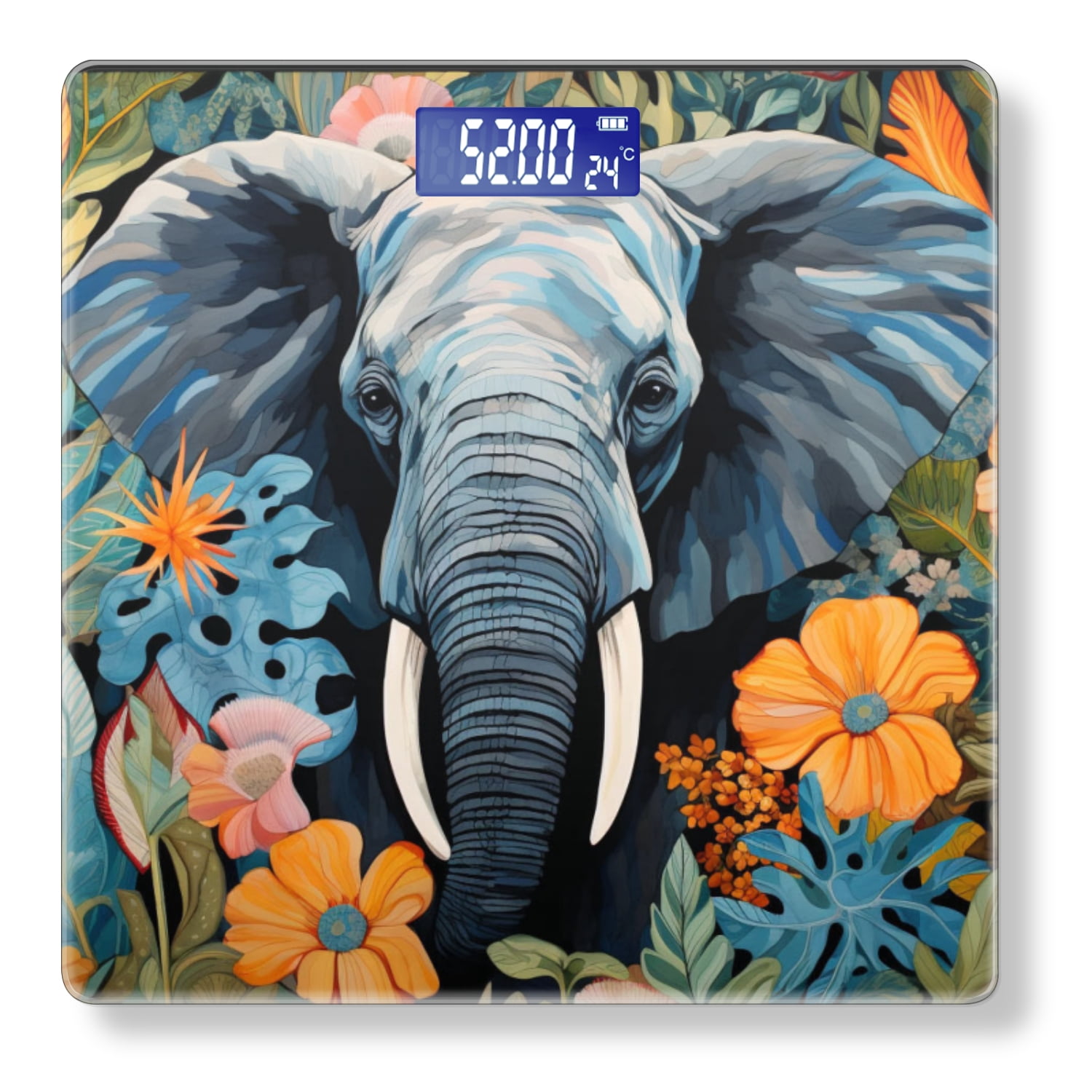 Bathroom Scale, Highly Accurate Digital Body Scale,Precisely Measures Weight up to 400 lbs-Blue Elephant With White Tusks Surrounded By Vibrant Tropical Flowers