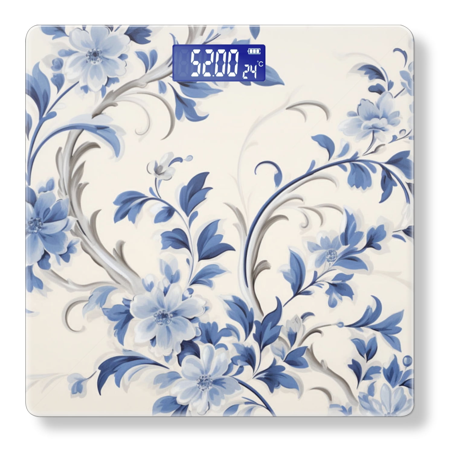 Bathroom Scale, Highly Accurate Digital Body Scale,Precisely Measures Weight up to 400 lbs-Blue And White Porcelain-Style Floral With Vines And Leaves