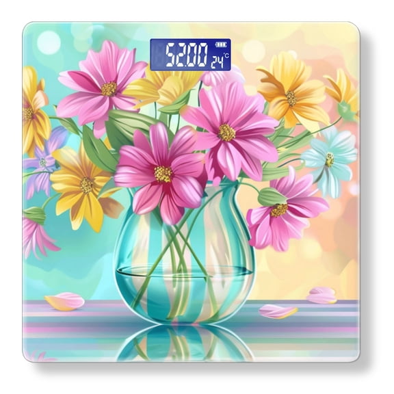 Bathroom Scale, Highly Accurate Digital Body Scale,Precisely Measures Weight up to 400 lbs-Colorful Flowers In Glass Vase On Table With Blurred Background