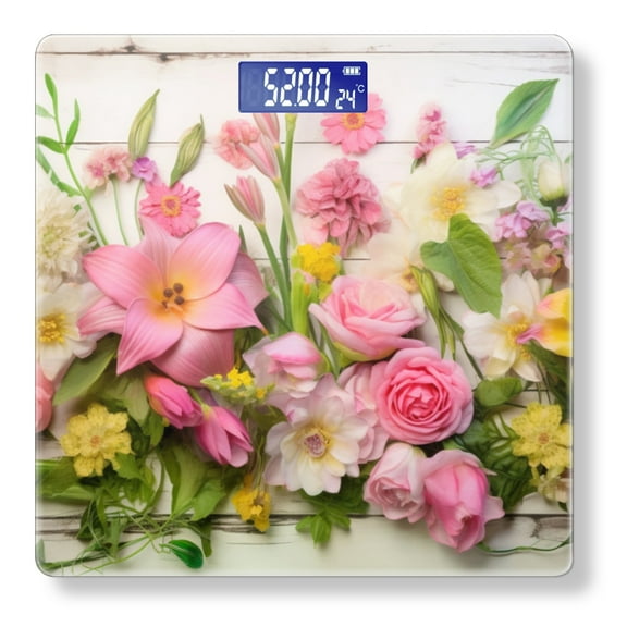 Bathroom Scale, Highly Accurate Digital Body Scale,Precisely Measures Weight up to 400 lbs-Colorful Spring Flowers In Pink And Yellow On Wooden Background