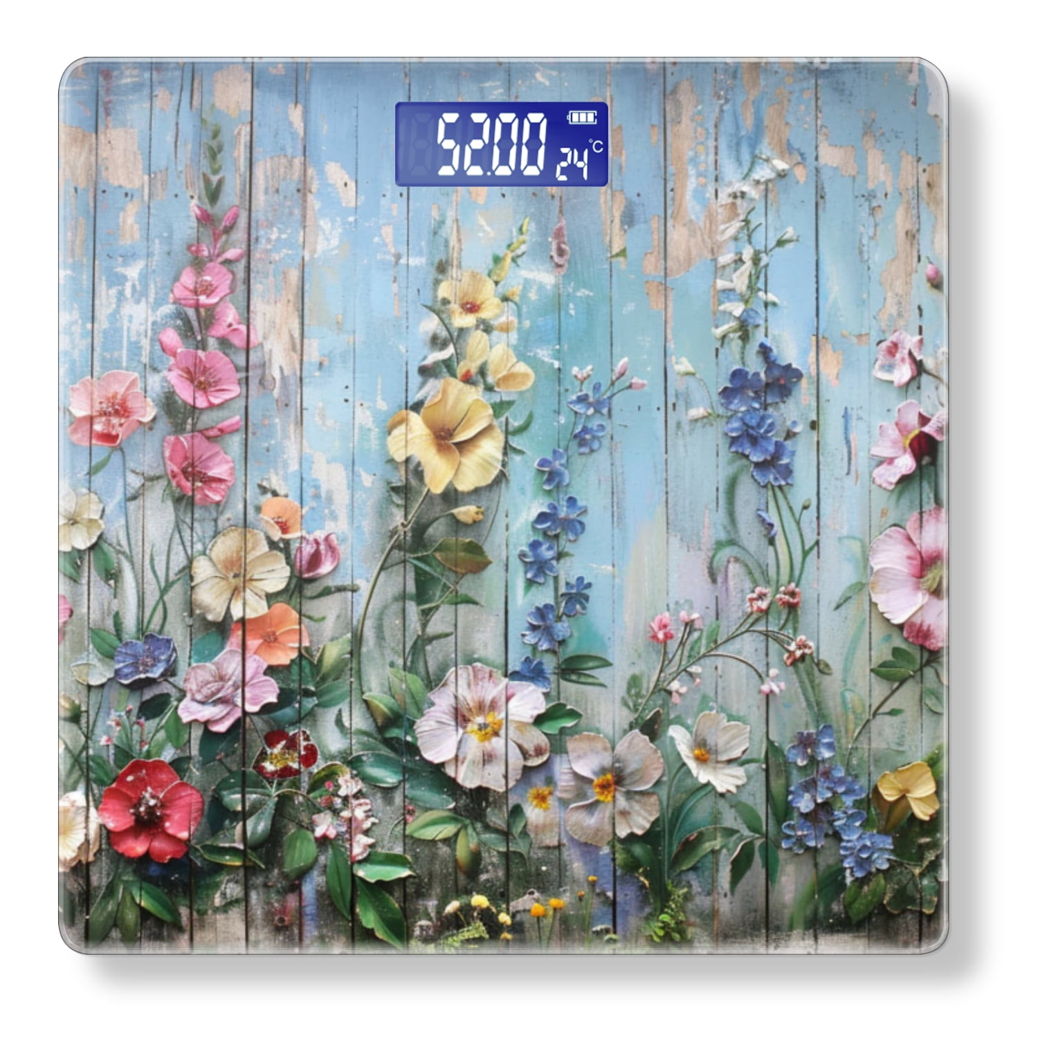 Bathroom Scale, Highly Accurate Digital Body Scale,Precisely Measures Weight up to 400 lbs-Detailed And Vibrant Floral Garden Painting On Aged Wooden Fence