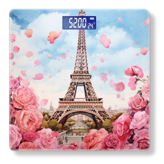 Bathroom Scale, Highly Accurate Digital Body Scale,Precisely Measures Weight up to 400 lbs-Eiffel Tower Surrounded By Pink Roses And Rose Petals In The Sky