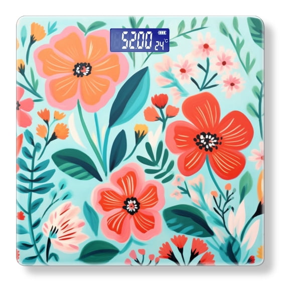 Bathroom Scale, Highly Accurate Digital Body Scale,Precisely Measures Weight up to 400 lbs-Flowers And Leaves In Bright Colors Against An Aqua Background