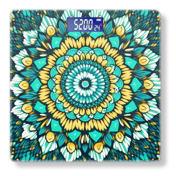 Bathroom Scale, Highly Accurate Digital Body Scale,Precisely Measures Weight up to 400 lbs-Intricate Mandala Designs In Turquoise With Yellow And Black Colors