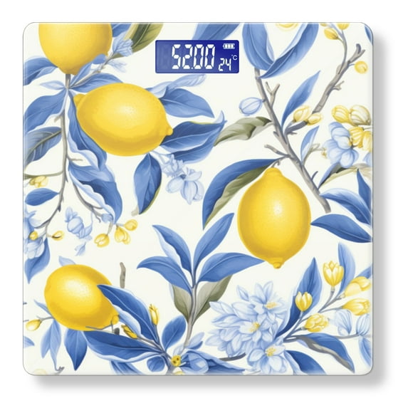 Bathroom Scale, Highly Accurate Digital Body Scale,Precisely Measures Weight up to 400 lbs-Lemon Tree With Lemons And Blue Flowers On White Background