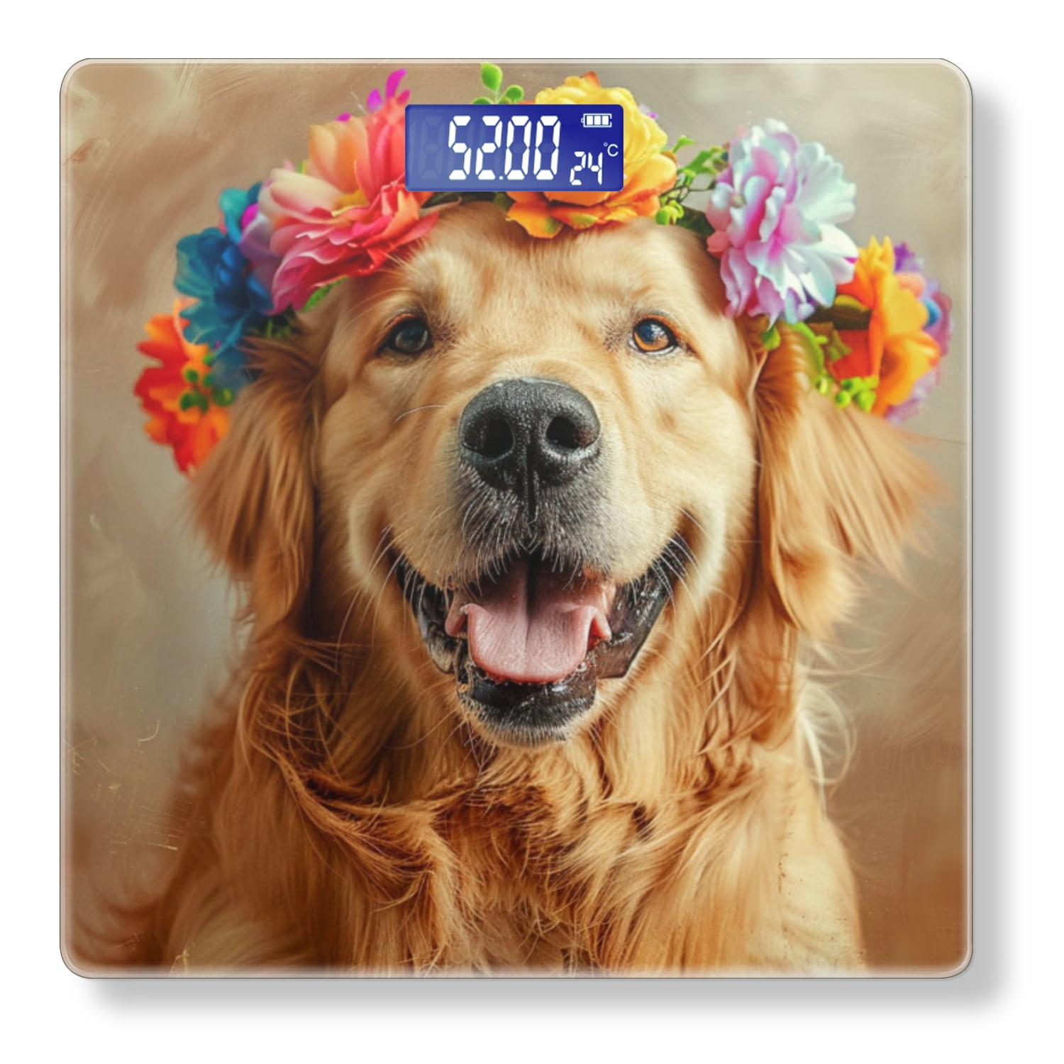 Bathroom Scale, Highly Accurate Digital Body Scale,Precisely Measures Weight up to 400 lbs-Portrait Of Happy Smiling Golden Retriever Dog With A Colorful Flower