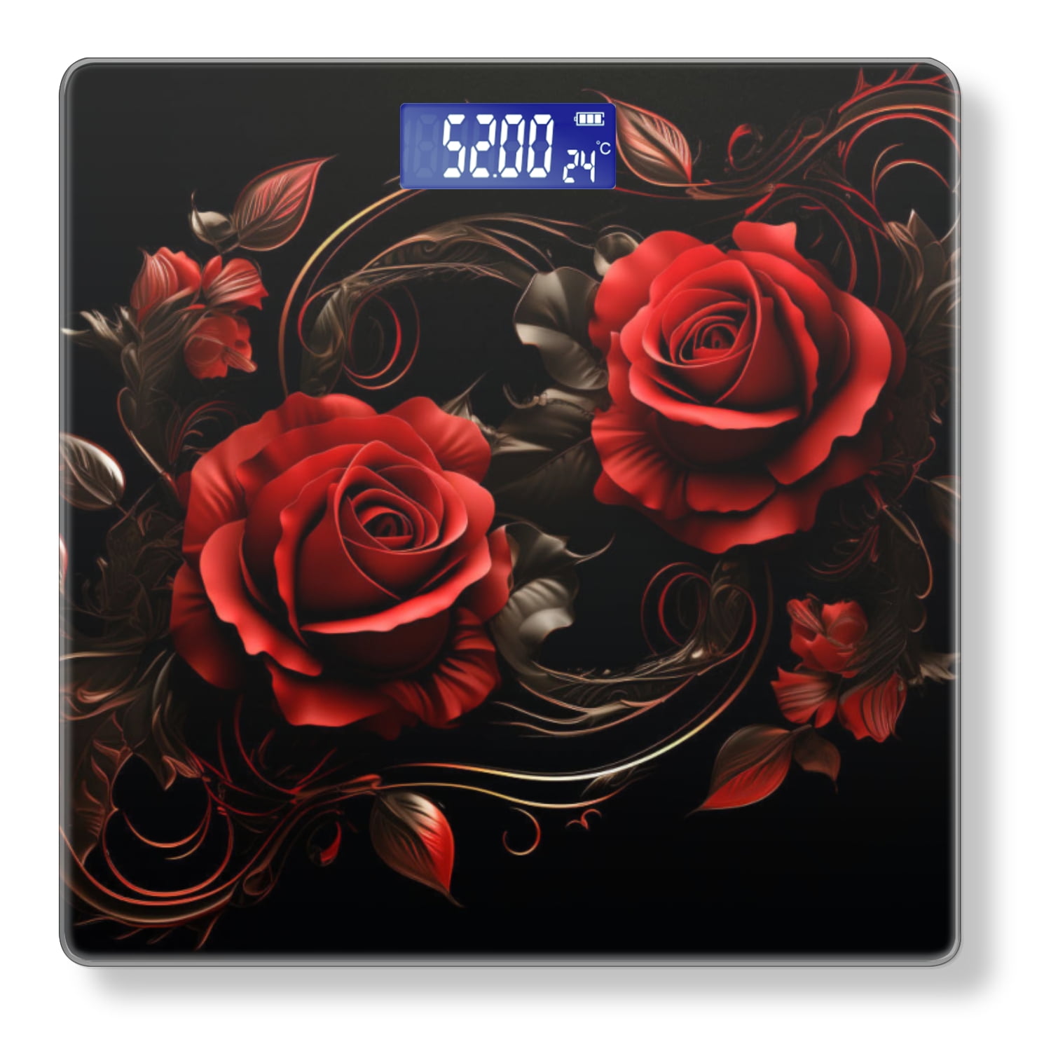 Bathroom Scale, Highly Accurate Digital Body Scale,Precisely Measures Weight up to 400 lbs-Render Of Red Roses With Swirls And Leaves On Black Background