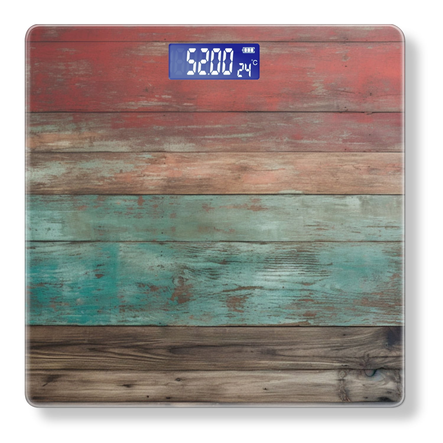 Bathroom Scale, Highly Accurate Digital Body Scale,Precisely Measures Weight up to 400 lbs-Rustic Wood Wall With A Gradient Of Red, Teal, And Brown Colors