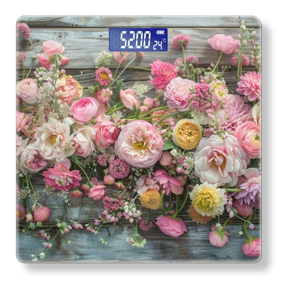 Bathroom Scale, Highly Accurate Digital Body Scale,Precisely Measures Weight up to 400 lbs-Rustic Wooden Wall Adorned With Array Of Pink And Yellow Flowers