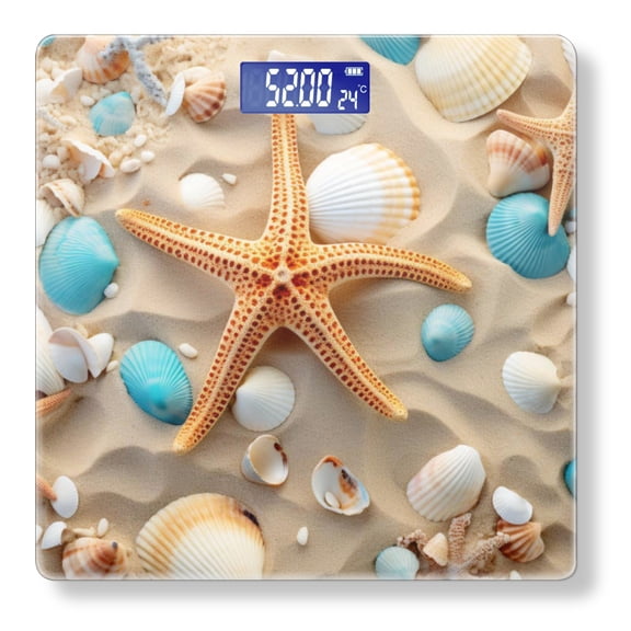 Bathroom Scale, Highly Accurate Digital Body Scale,Precisely Measures Weight up to 400 lbs-Seashells And Starfish On Sandy Background With Blue Shells