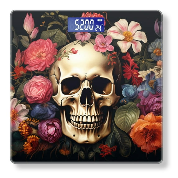 Bathroom Scale, Highly Accurate Digital Body Scale,Precisely Measures Weight up to 400 lbs-Skull Surrounded By Flowers With Vibrant Colors And High Contrast