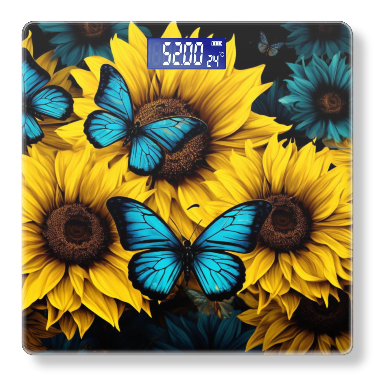 Bathroom Scale, Highly Accurate Digital Body Scale,Precisely Measures Weight up to 400 lbs-Sunflowers With Blue Butterflies Featuring Yellow And Dark Blue Colors