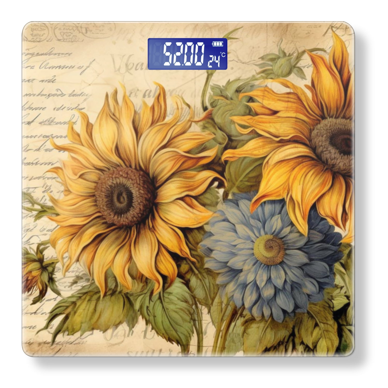 Bathroom Scale, Highly Accurate Digital Body Scale,Precisely Measures Weight up to 400 lbs-Sunflowers And Blue Chrysanthemums On Vintage Script Background