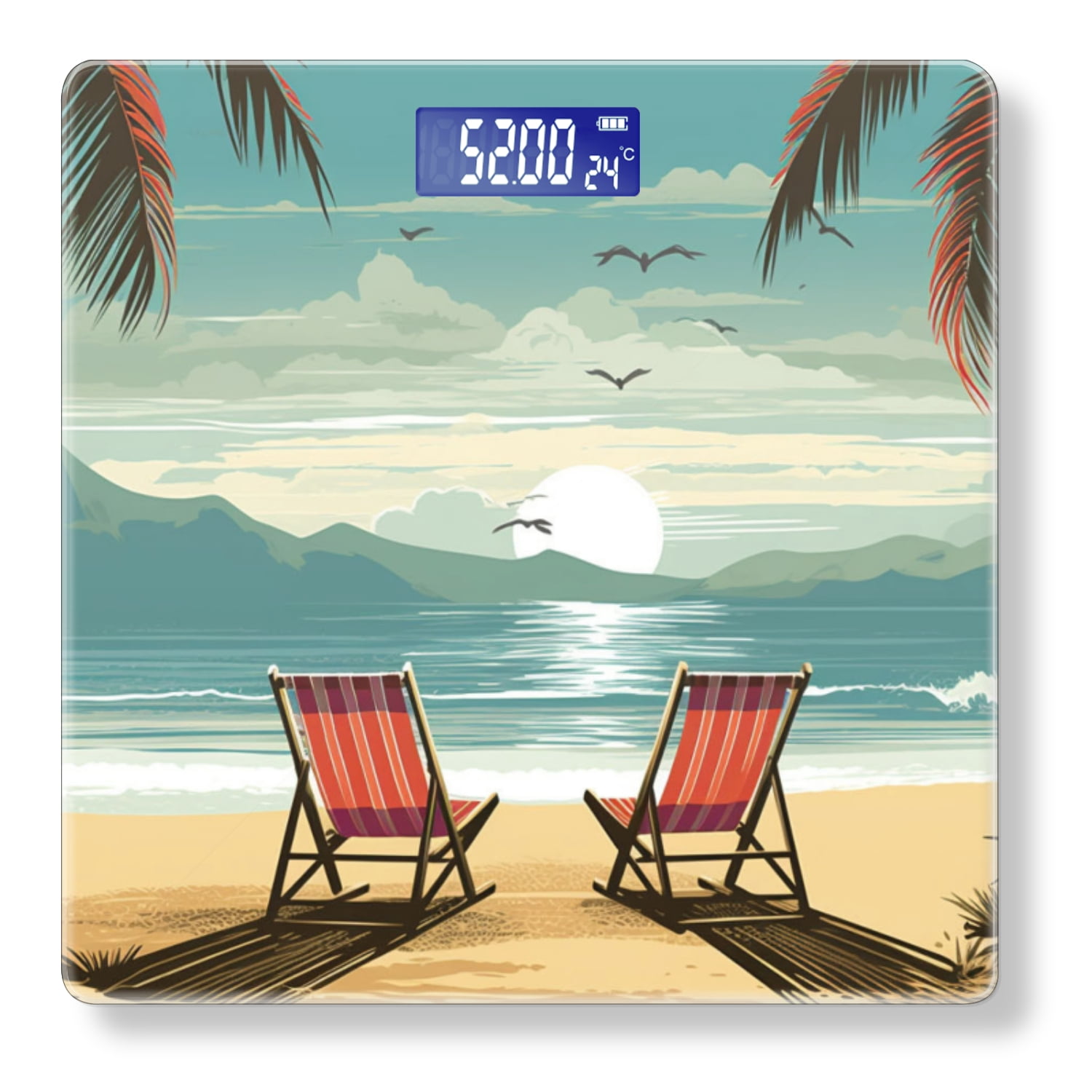 Bathroom Scale, Highly Accurate Digital Body Scale,Precisely Measures Weight up to 400 lbs-Two Beach Chairs On The Sand Palm Trees And Mountains In The Background