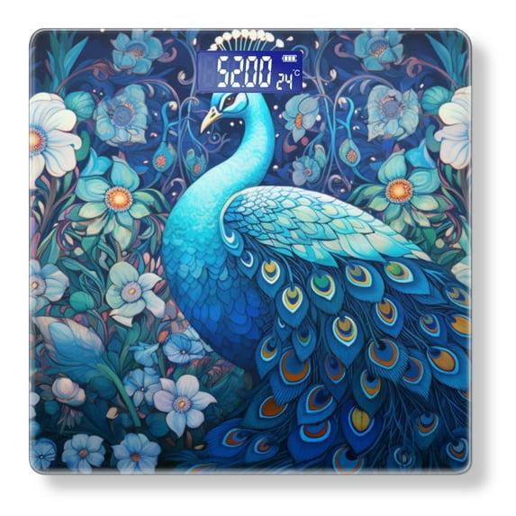 Bathroom Scale, Highly Accurate Digital Body Scale,Precisely Measures Weight up to 400 lbs-Vibrant Oil Painting Depicting Blue Peacock In Garden Of White Flowers