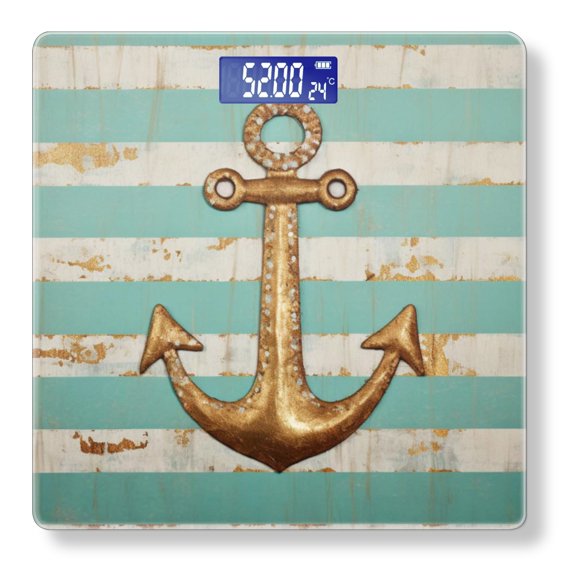 Bathroom Scale, Highly Accurate Digital Body Scale,Precisely Measures Weight up to 400 lbs-Vintage Gold Nautical Anchor On Aquamarine Striped Background