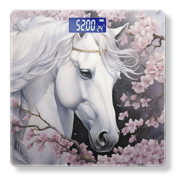 Bathroom Scale, Highly Accurate Digital Body Scale,Precisely Measures Weight up to 400 lbs-White Horse With Long Mane Is Surrounded By Cherry Blossoms