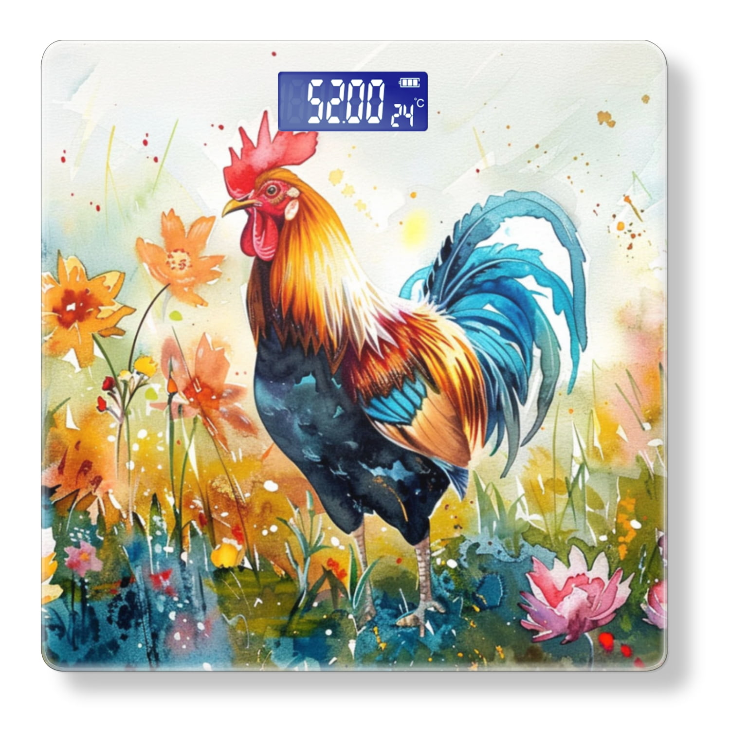 Bathroom Scale, Highly Accurate Digital Body Scale,Precisely Measures Weight up to 400 lbs-Adorable Rooster Standing Surrounded By Vibrant Flowers