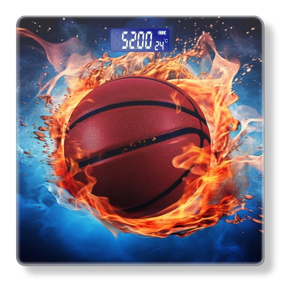 Bathroom Scale, Highly Accurate Digital Body Scale,Precisely Measures Weight up to 400 lbs-Basketball Engulfed In Flames Against Blue Background