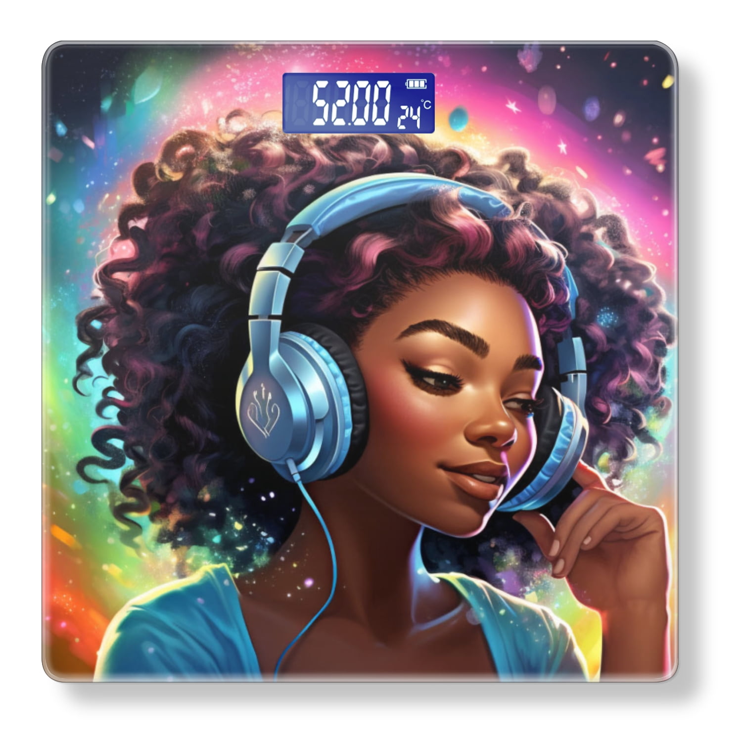 Bathroom Scale, Highly Accurate Digital Body Scale,Precisely Measures Weight up to 400 lbs-Beautiful Black Woman With Curly Hair Wearing Headphones