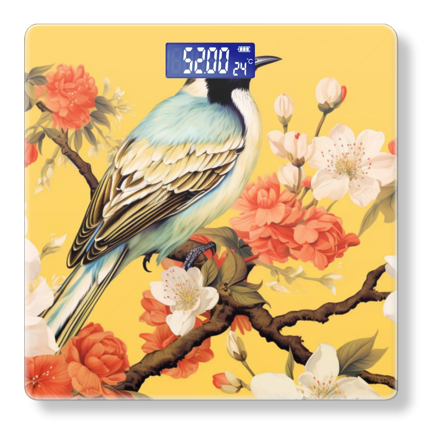 Bathroom Scale, Highly Accurate Digital Body Scale,Precisely Measures Weight up to 400 lbs-Birds And Flowers On Yellow Background