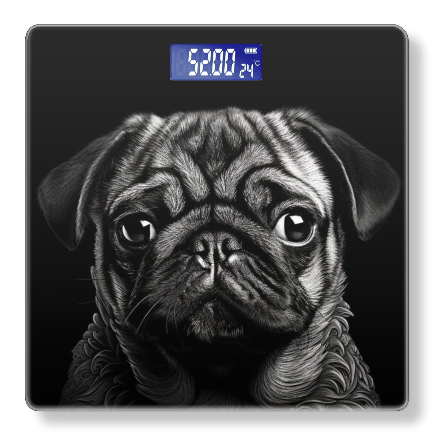 Bathroom Scale, Highly Accurate Digital Body Scale,Precisely Measures Weight up to 400 lbs-Black And White Pug Portrait On Black Background