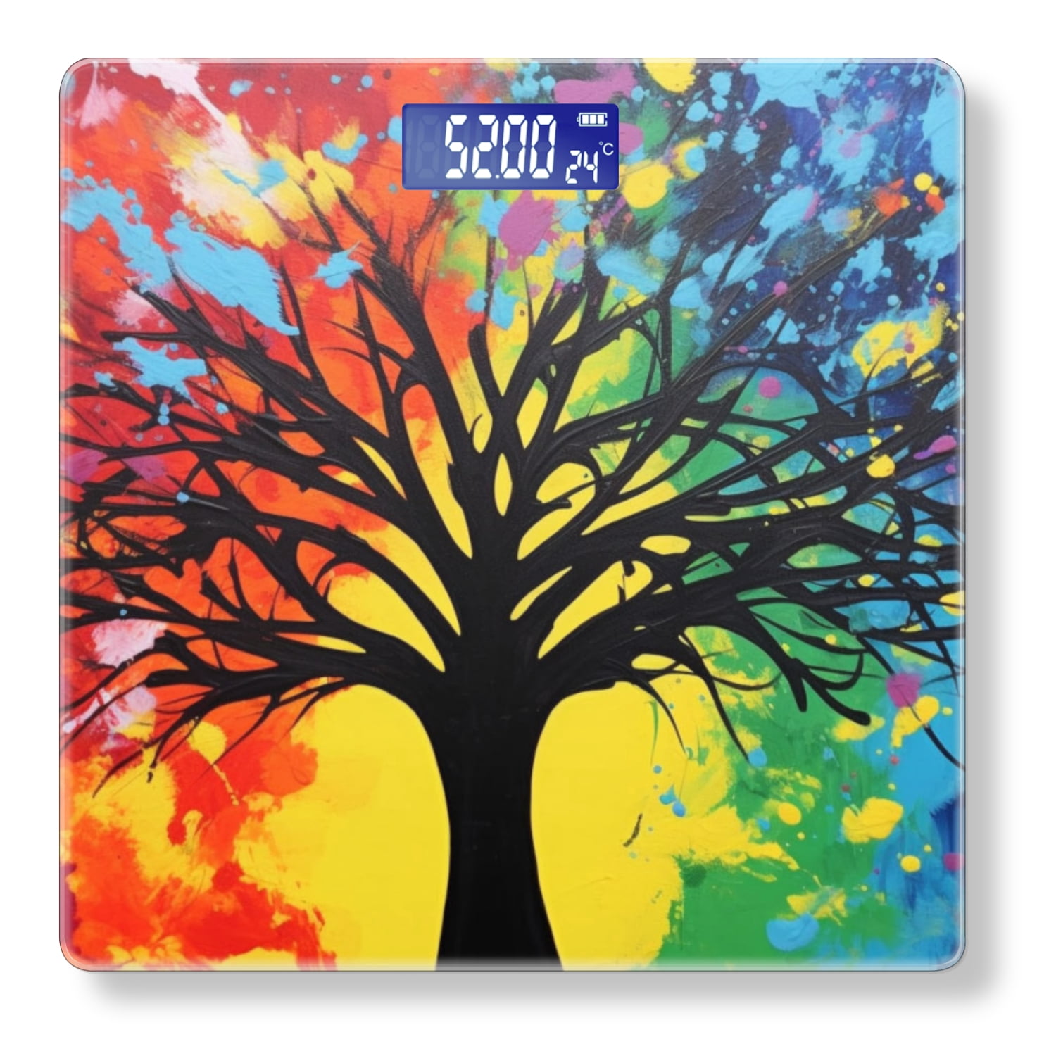 Bathroom Scale, Highly Accurate Digital Body Scale,Precisely Measures Weight up to 400 lbs-Black Tree Silhouette Against Vibrant Rainbow Background