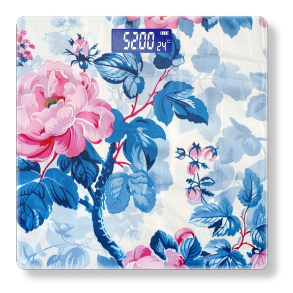 Bathroom Scale, Highly Accurate Digital Body Scale,Precisely Measures Weight up to 400 lbs-Blue And Pink Floral Patterned With White Background
