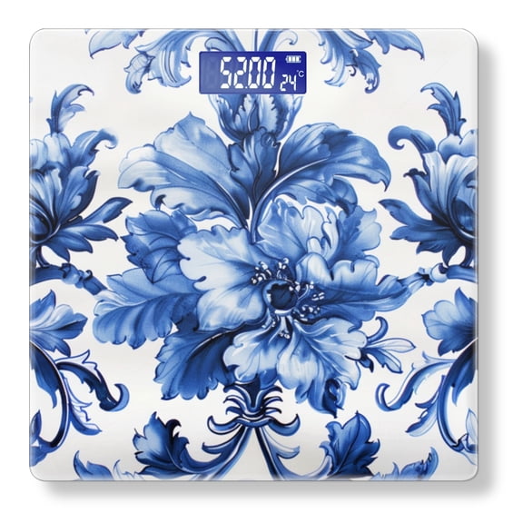Bathroom Scale, Highly Accurate Digital Body Scale,Precisely Measures Weight up to 400 lbs-Blue And White Porcelain Floral Pattern