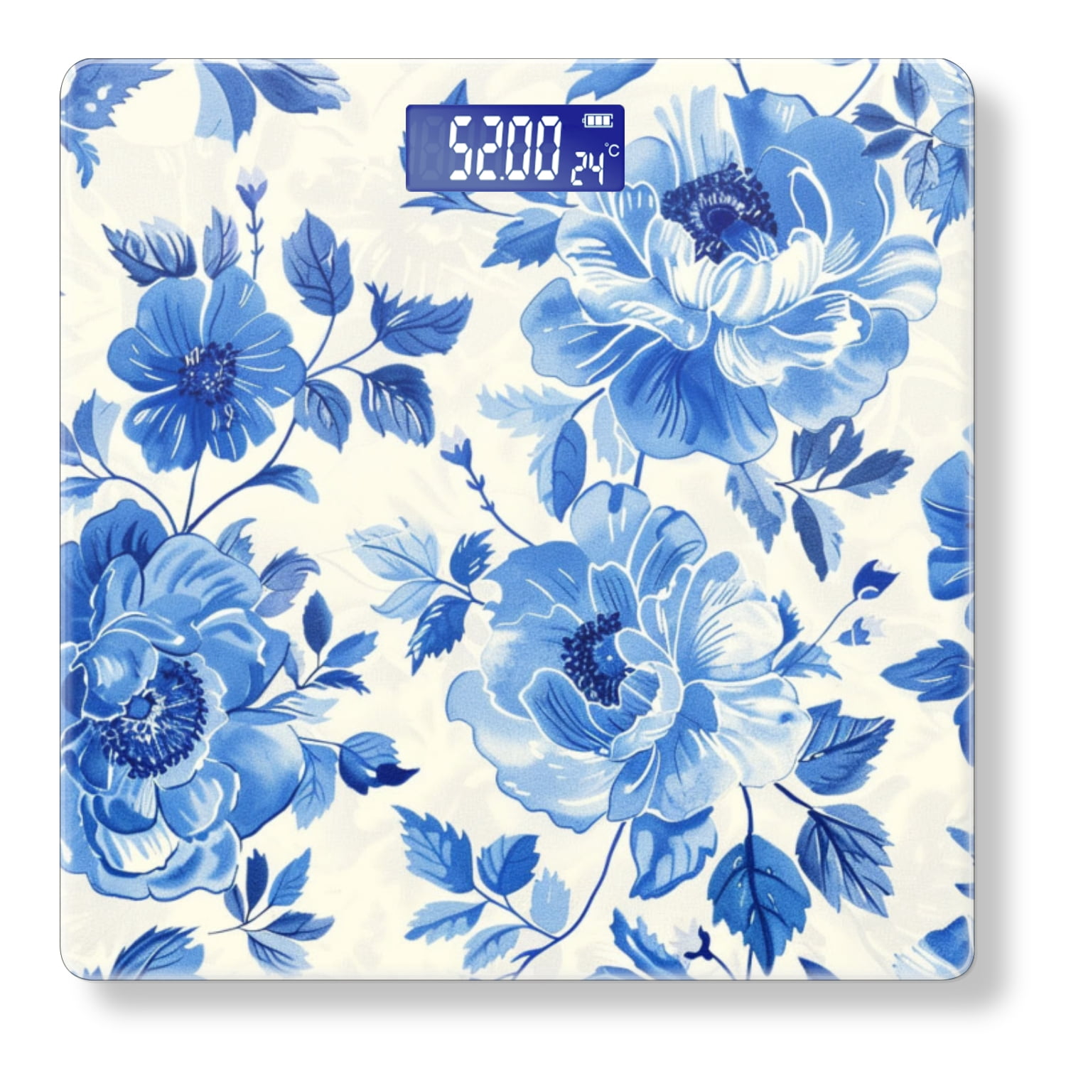 Bathroom Scale, Highly Accurate Digital Body Scale,Precisely Measures Weight up to 400 lbs-Blue And White Porcelain-Inspired Floral Pattern