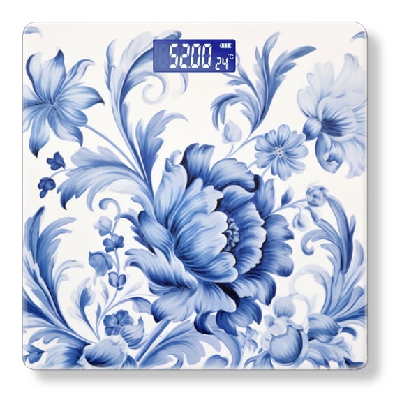 Bathroom Scale, Highly Accurate Digital Body Scale,Precisely Measures Weight up to 400 lbs-Blue And White Porcelain-Style Floral Pattern