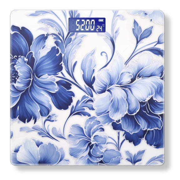 Bathroom Scale, Highly Accurate Digital Body Scale,Precisely Measures Weight up to 400 lbs-Blue And White Porcelain-Style Floral Pattern