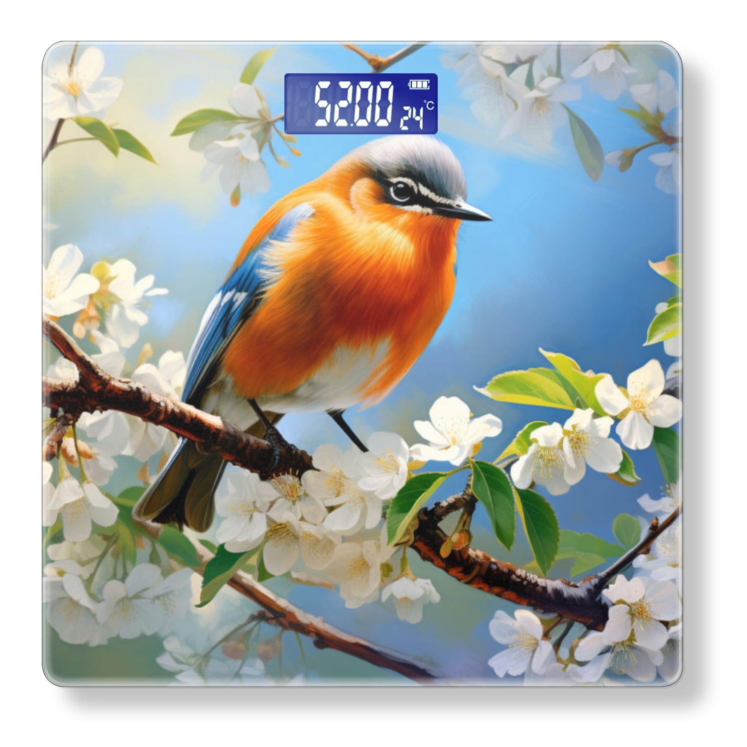 Bathroom Scale, Highly Accurate Digital Body Scale,Precisely Measures Weight up to 400 lbs-Blue Bird Perched On Branch With White Blossoms