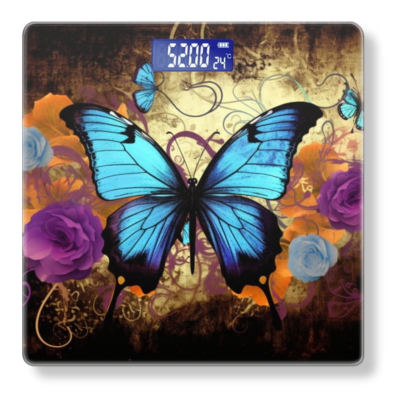 Bathroom Scale, Highly Accurate Digital Body Scale,Precisely Measures Weight up to 400 lbs-Blue Butterfly With In The Purple Roses Background