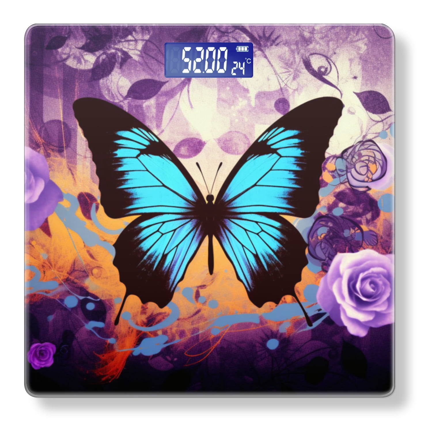 High Precision Body Weight Scale Smart Bathroom Scales with Large LCD Display(400lbs),Decorative for Bedroom-Blue Butterfly With Purple Flowers