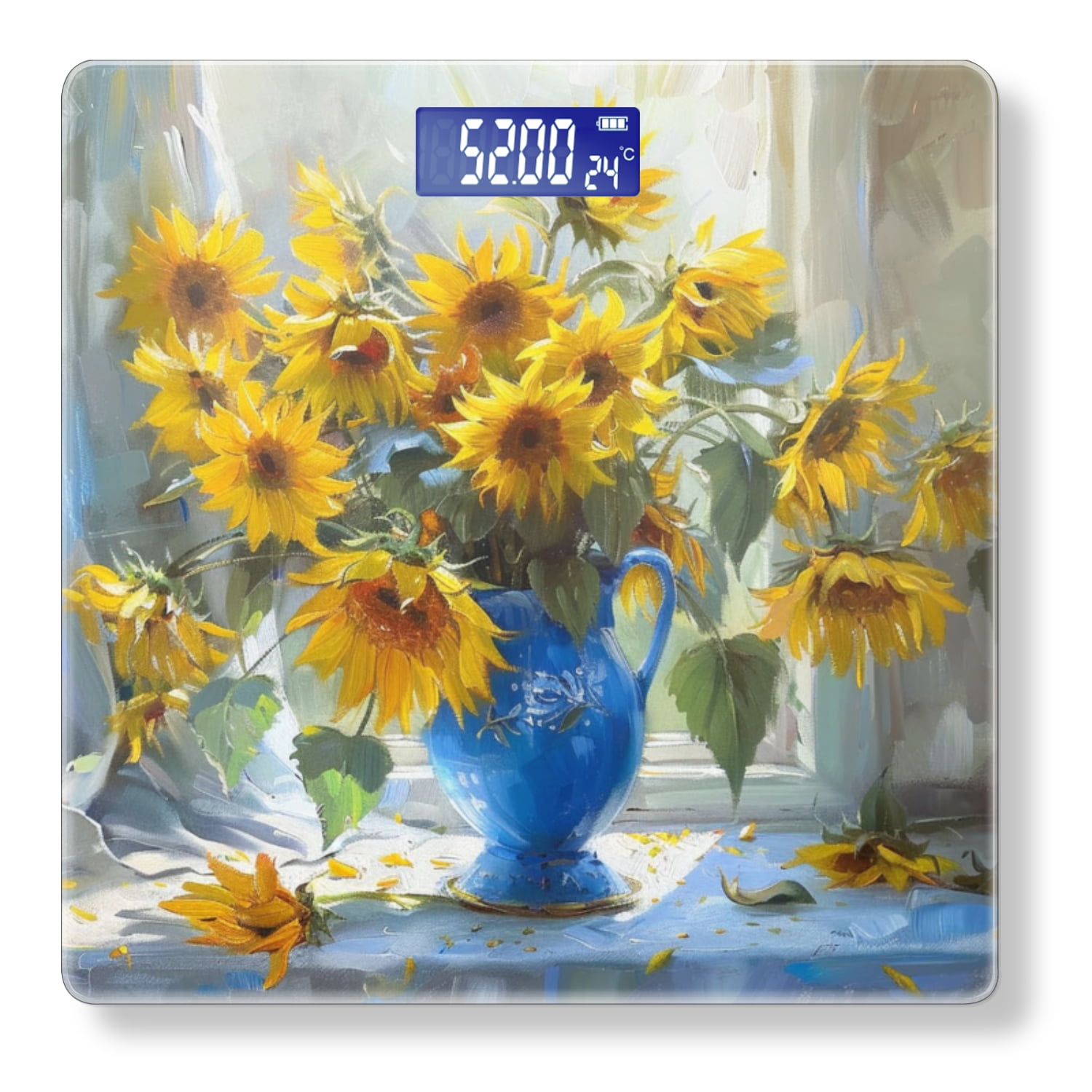 Bathroom Scale, Highly Accurate Digital Body Scale,Precisely Measures Weight up to 400 lbs-Bouquet Of Sunflowers In Antique Blue Vase Stands