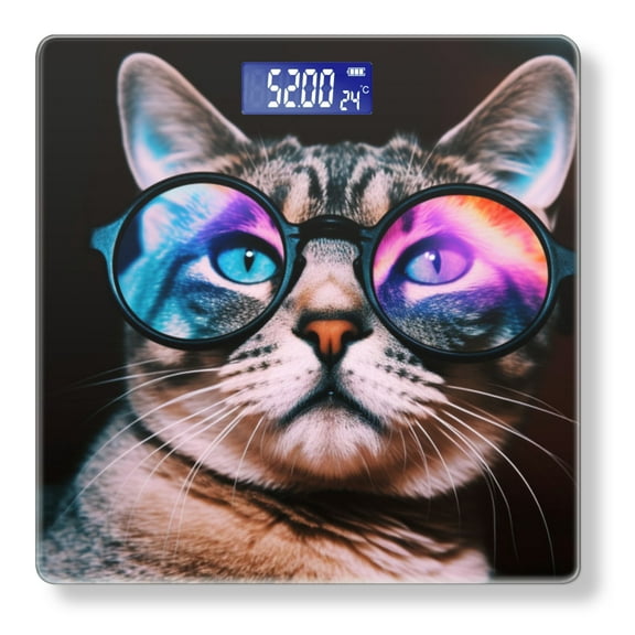 Bathroom Scale, Highly Accurate Digital Body Scale,Precisely Measures Weight up to 400 lbs-Cat Wearing Colorful Glasses With Blue Eyes