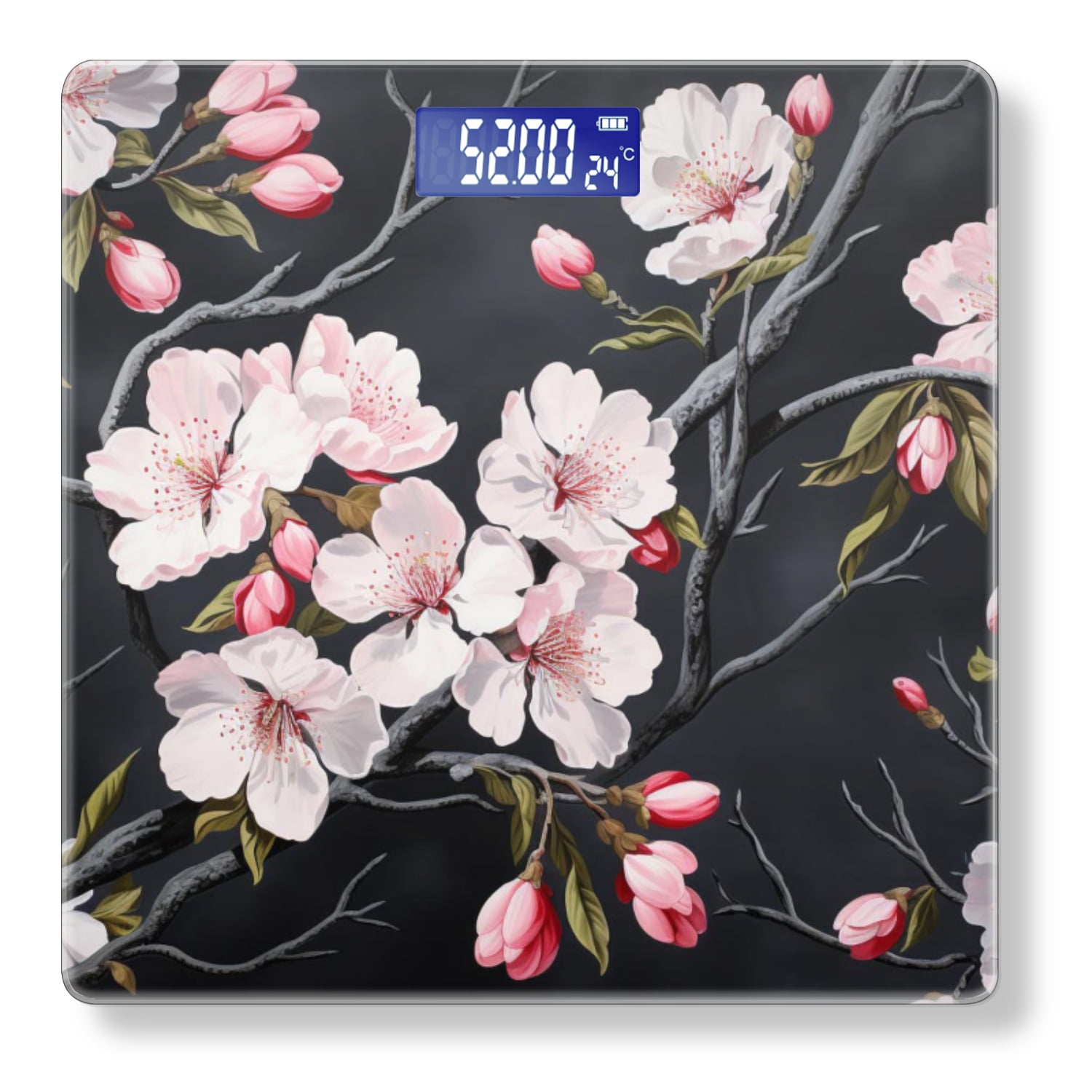 Bathroom Scale, Highly Accurate Digital Body Scale,Precisely Measures Weight up to 400 lbs-Cherry Blossoms On Black Background