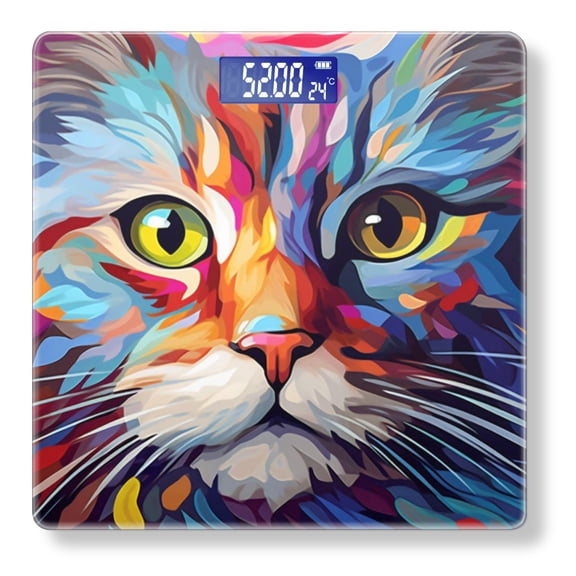 Bathroom Scale, Highly Accurate Digital Body Scale,Precisely Measures Weight up to 400 lbs-Colorful Cat Face With Large Eyes And Long Fur