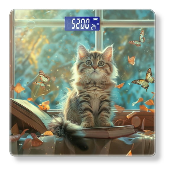 Bathroom Scale, Highly Accurate Digital Body Scale,Precisely Measures Weight up to 400 lbs-Cute Cat Sits On The Table Next To Open Book