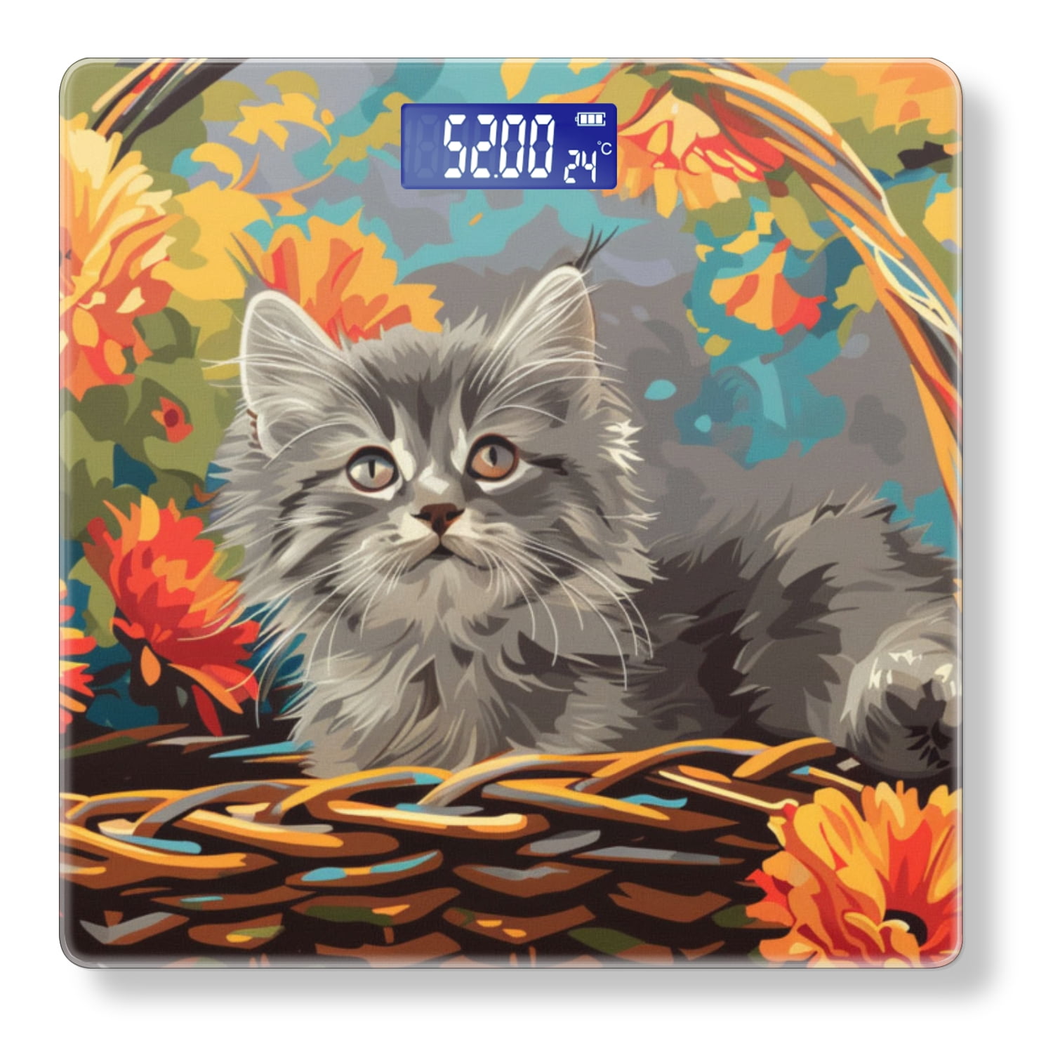 Bathroom Scale, Highly Accurate Digital Body Scale,Precisely Measures Weight up to 400 lbs-Cute Gray Kitten Sitting In Basket Of Flowers