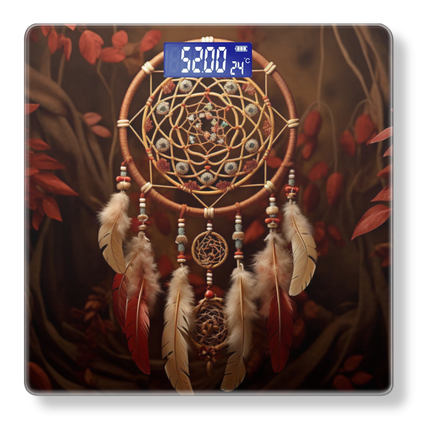 Bathroom Scale, Highly Accurate Digital Body Scale,Precisely Measures Weight up to 400 lbs-Dreamcatcher With Feathers And Beads On Brown Background