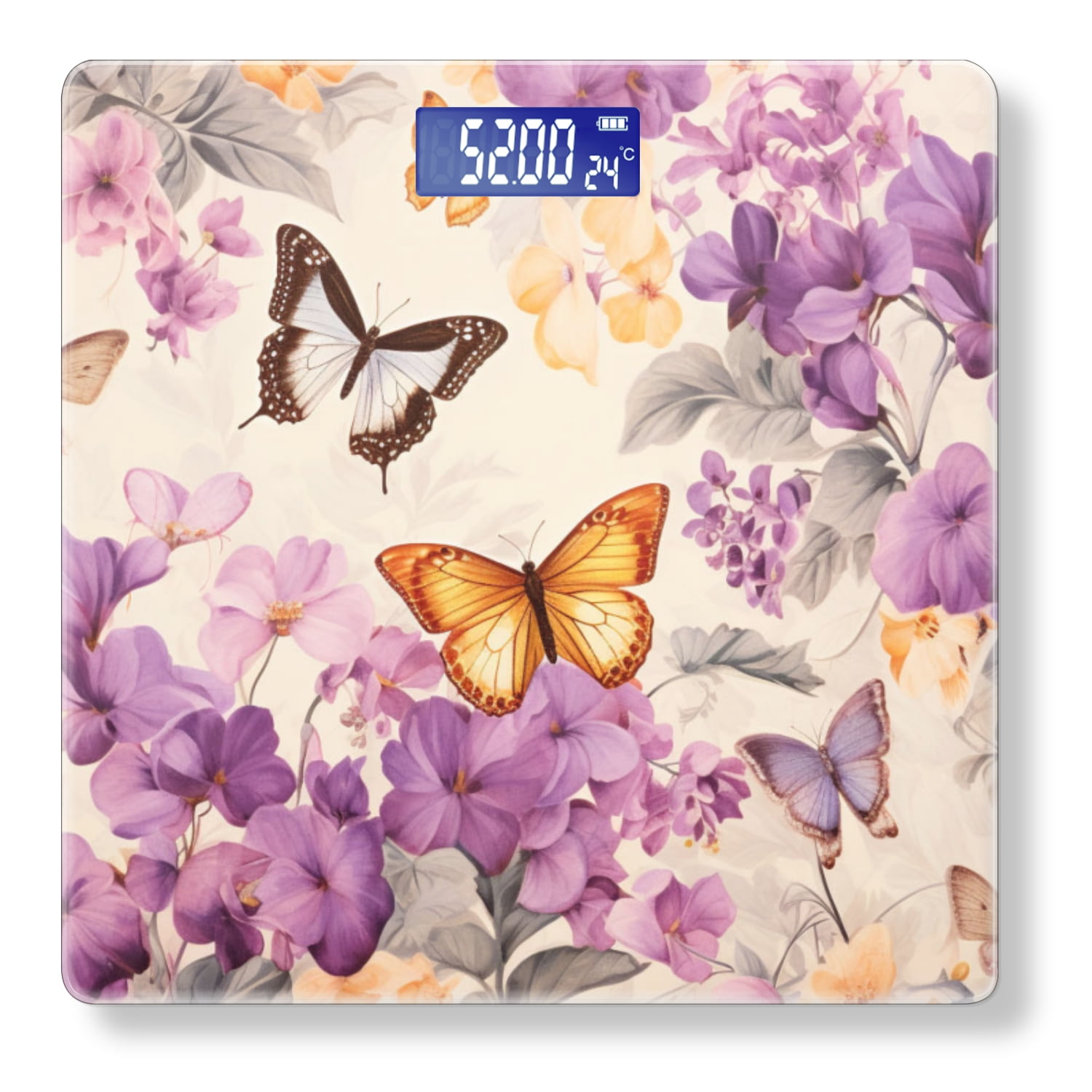 Bathroom Scale, Highly Accurate Digital Body Scale,Precisely Measures Weight up to 400 lbs-Fashion Purple Flowers And Yellow Butterflies Painting