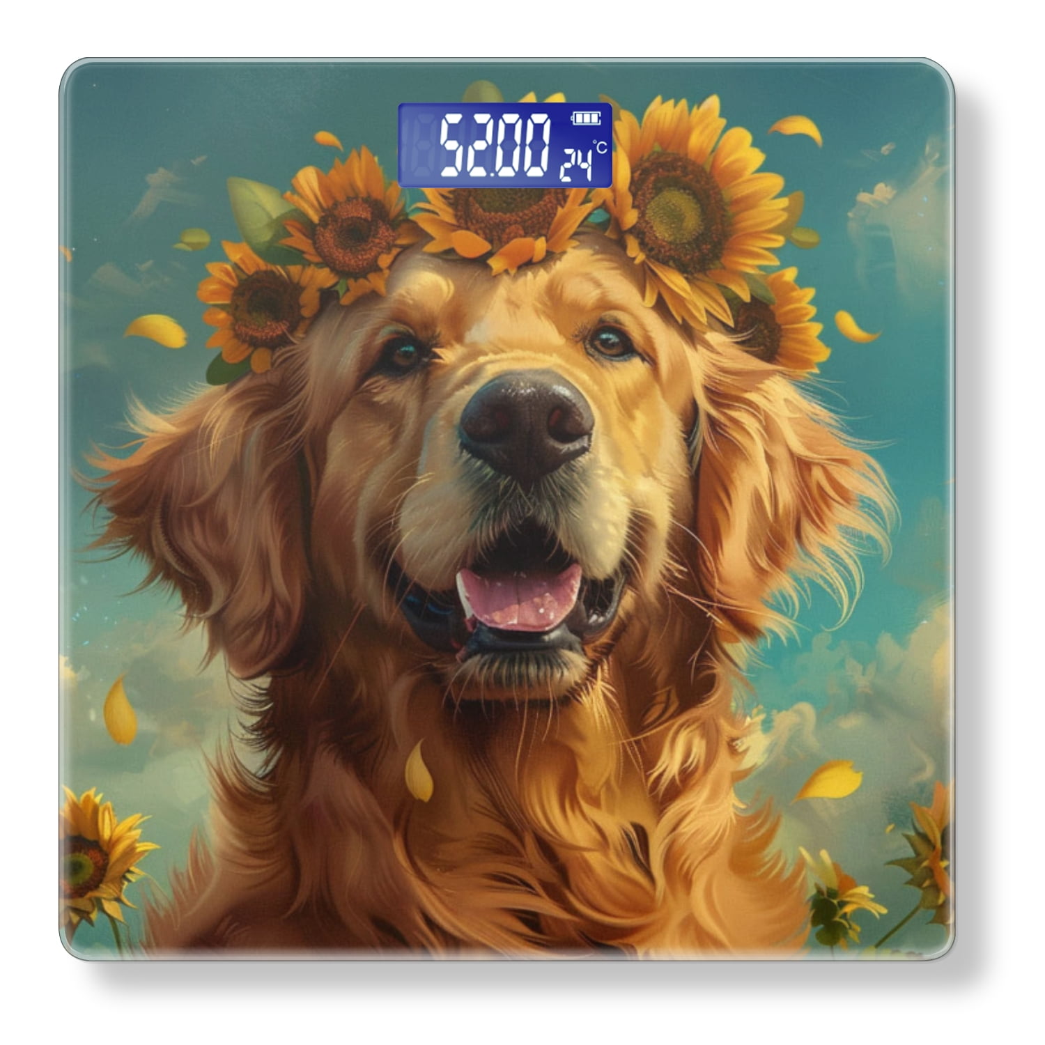 Bathroom Scale, Highly Accurate Digital Body Scale,Precisely Measures Weight up to 400 lbs-Golden Retriever Dog Wearing Sunflower Wreath On Head