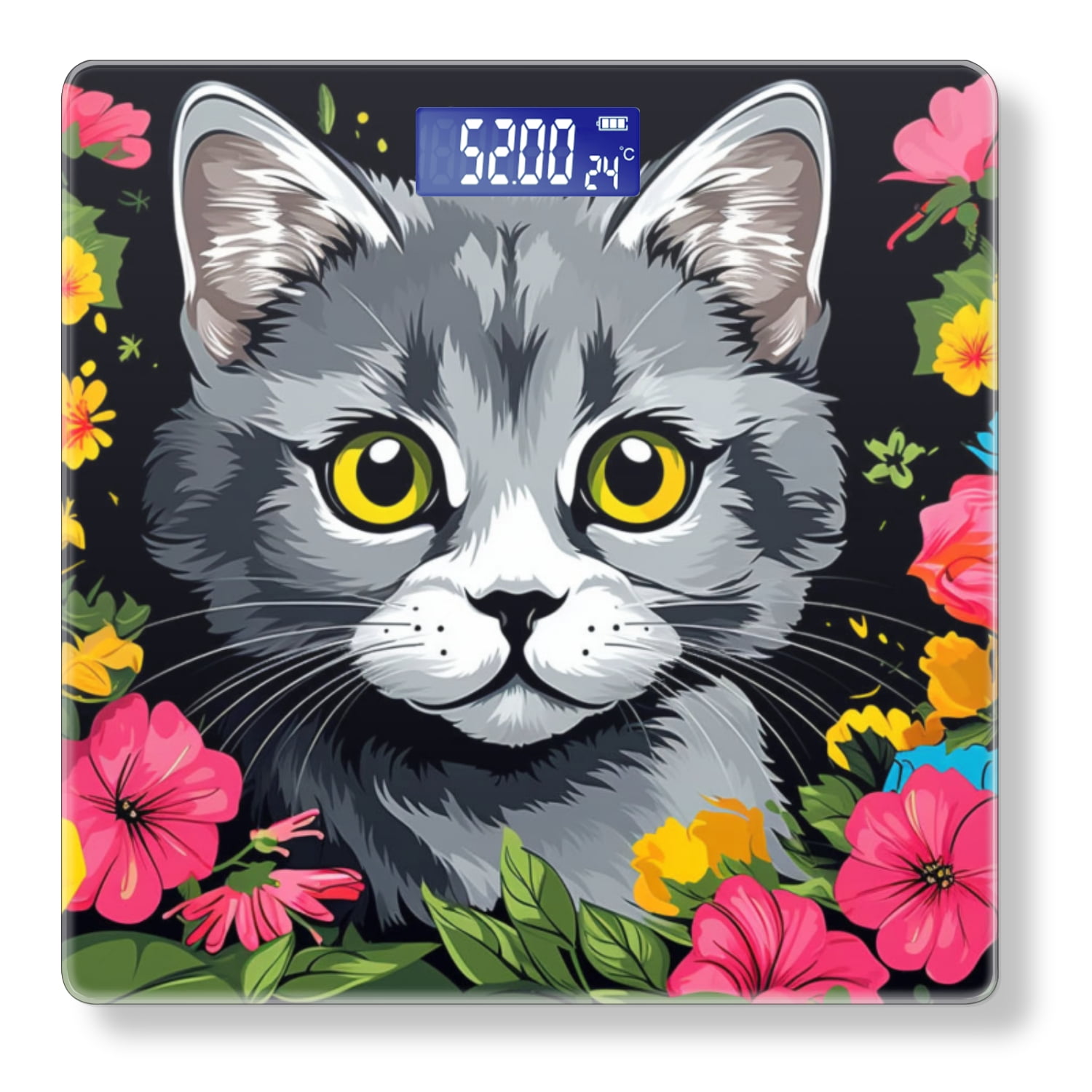 Bathroom Scale, Highly Accurate Digital Body Scale,Precisely Measures Weight up to 400 lbs-Gray Cat With Yellow Eyes Surrounded By Flowers