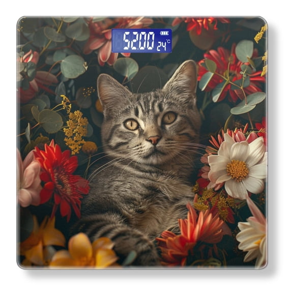 Bathroom Scale, Highly Accurate Digital Body Scale,Precisely Measures Weight up to 400 lbs-Gray Tabby Cat Surrounded By Colorful Flowers