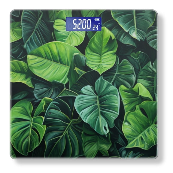 Bathroom Scale, Highly Accurate Digital Body Scale,Precisely Measures Weight up to 400 lbs-Green Monstera Leaves With Dark Background