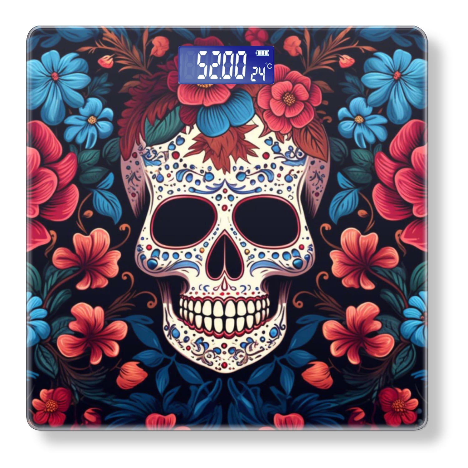 Bathroom Scale, Highly Accurate Digital Body Scale,Precisely Measures Weight up to 400 lbs-Intricate Skull Surrounded By Vibrant Flowers